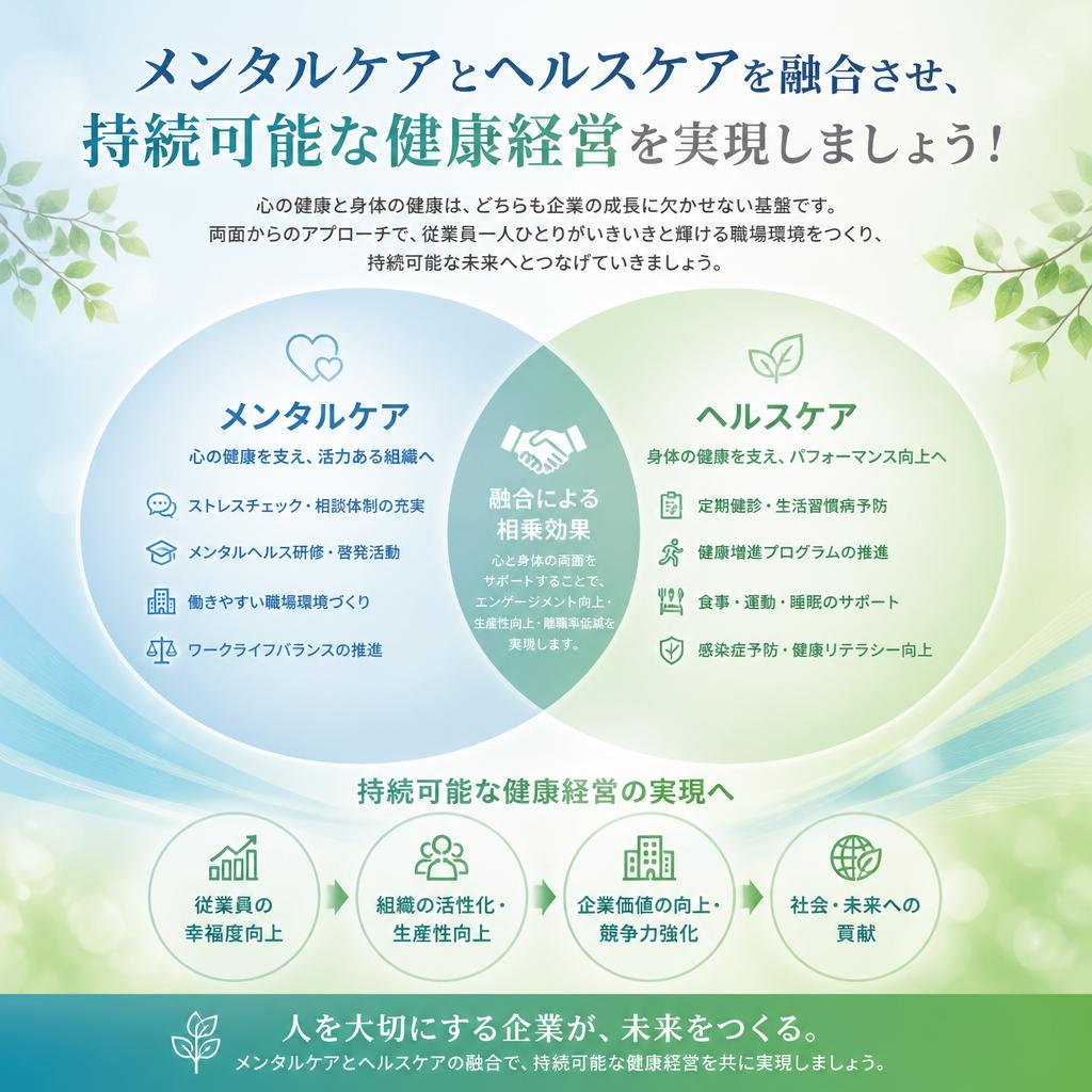 メンタルケアとヘルスケアを融合させ、持続可能な健康経営を実現しましょう！